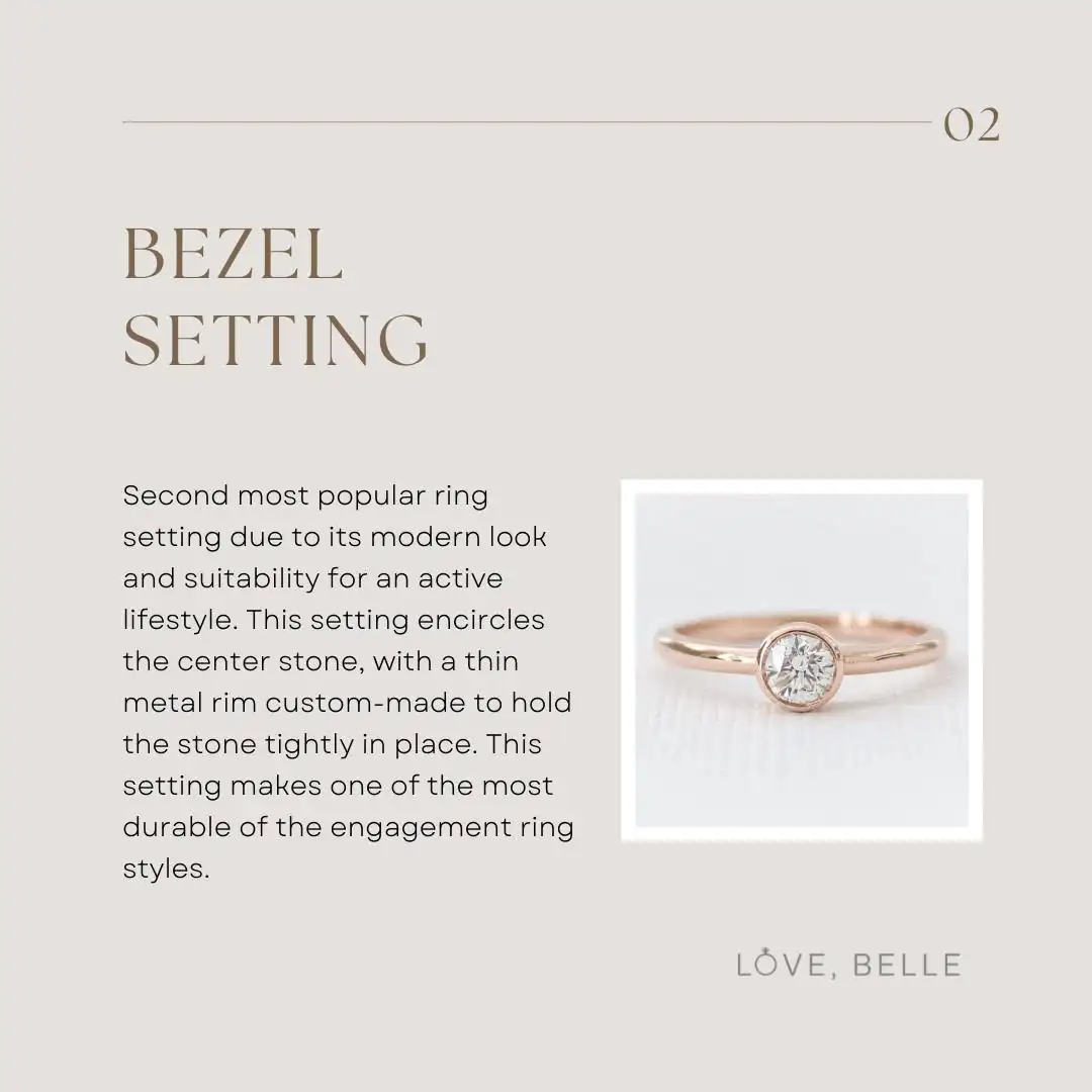Bezel setting — a metal rim encircling the stone, durable for an active lifestyle
